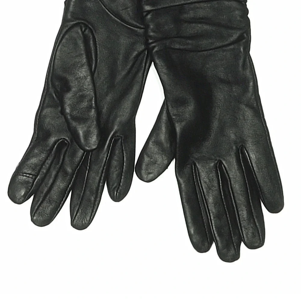 NWT! Cole Haan Womens Black Ruched Leather Gloves Touchscreen Tech Classic Sz S